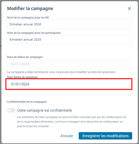 Modifier la date de fin de campagne